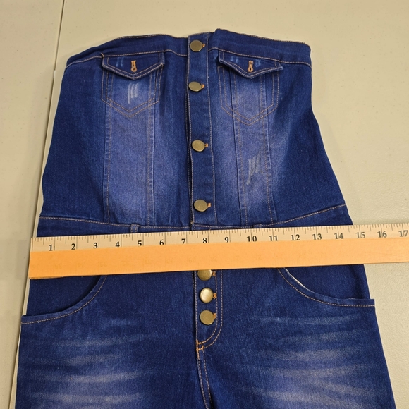 Women Strapless Sleeveless Denim Buttons Pockets Bodycon Long Jumpsuit Sz M - Picture 8 of 13